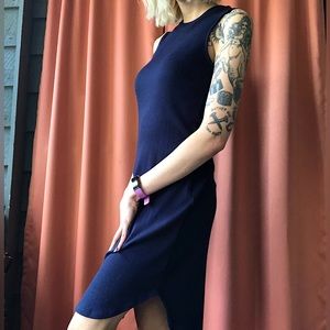 navy blue midi high necked dress